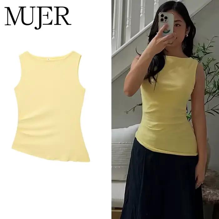 MUJER jaune froncé haut femme asymétrique débardeurs hauts pour femmes 2025 été haut sans manches fe