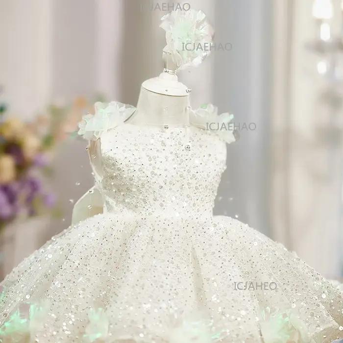 Robe de princesse élégante pour enfants, style perle et fleur, avec sequins, pour filles, idéale pou