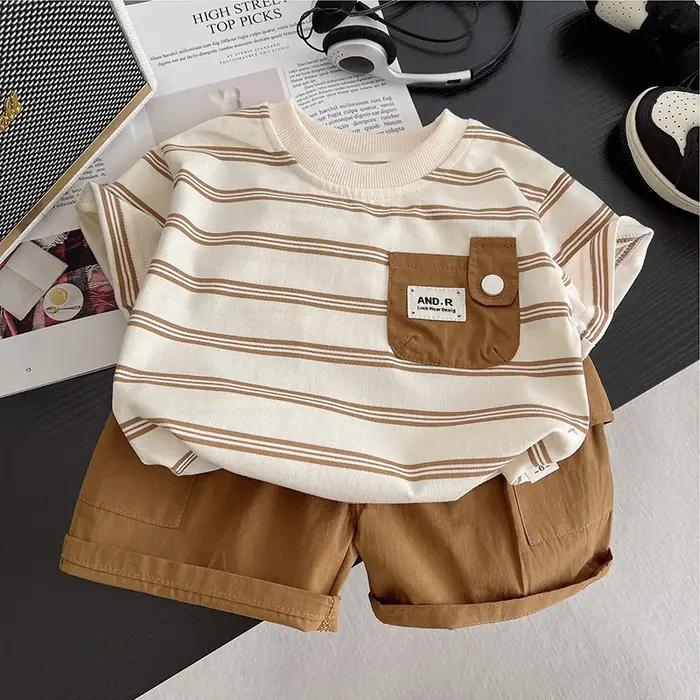 Costumes d'été pour bébés garçons t-shirt rayé poche shorts ensemble 2 pièces confortables pour tout-petit jours estivaux