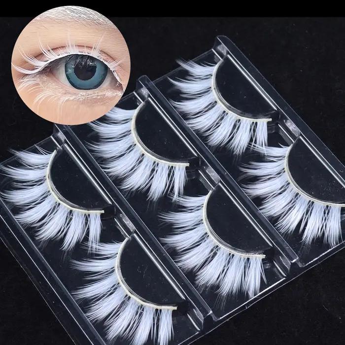 3 paires de faux cils blancs en dentelle moelleuse, colorés, en soie végétalienne, pour poupée, Cosp