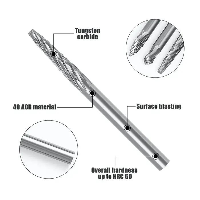 Fraises en carbure monobloc pour dessin à tige de 3mm 1/8, pour outil Dremel, fraise, outil rotatif,