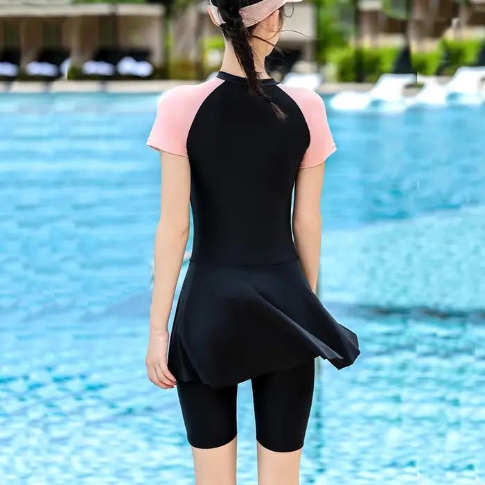 Maillot de bain une pièce à manches courtes pour femmes, jupe de bain, fermeture à glissière avant,