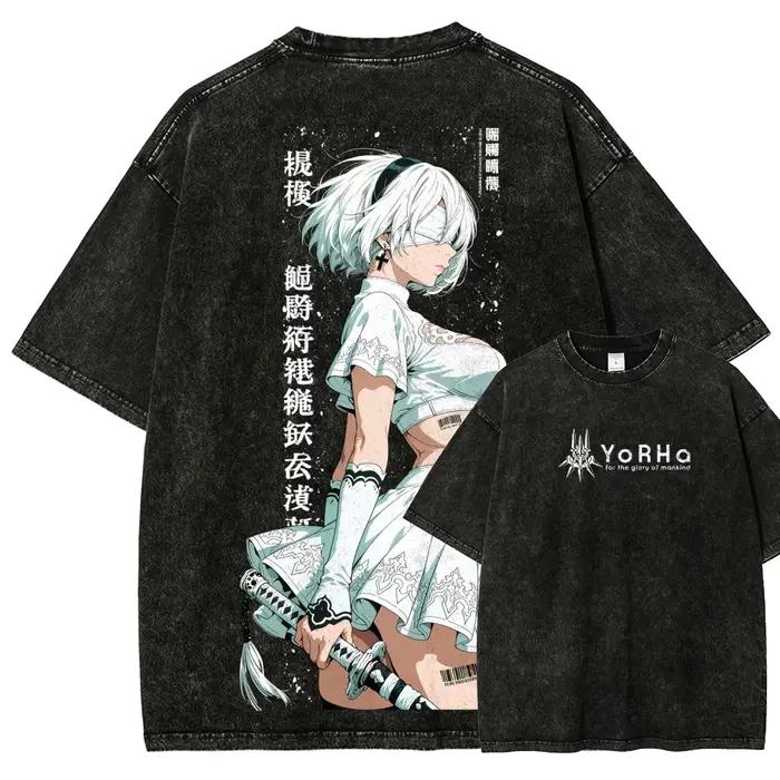 T-shirt NieR délavé, nouveau modèle, T-shirt pour amoureux de l'anime, vêtements surdimensionnés pou