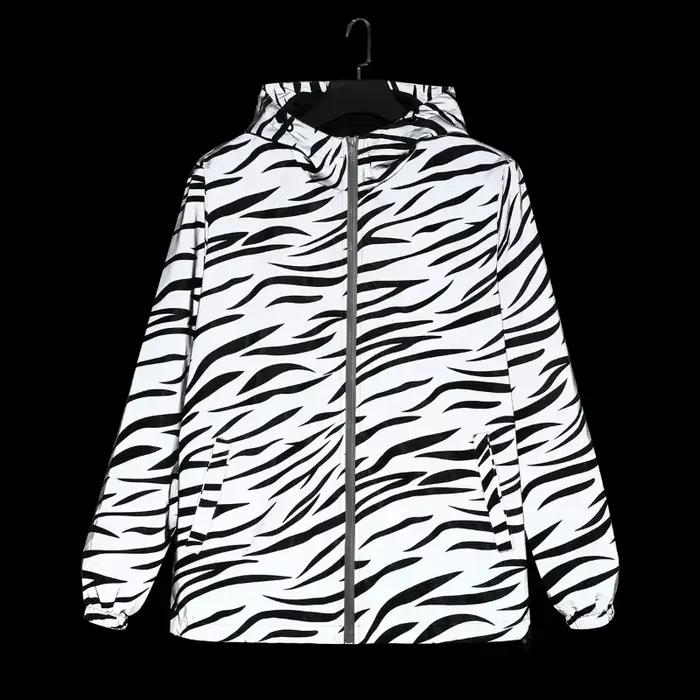 Vestes réfléchissantes imprimées zèbre pour hommes, Hip Hop, à capuche, mode, coupe-vent, lumineux,
