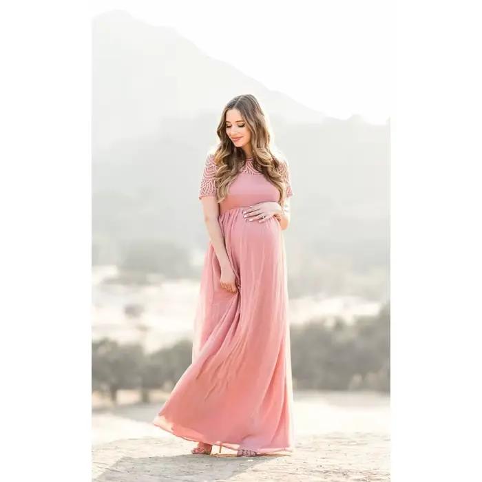 Robe de maternité en dentelle patchwork, style européen, coupe ample, robe longue à traîne, manches
