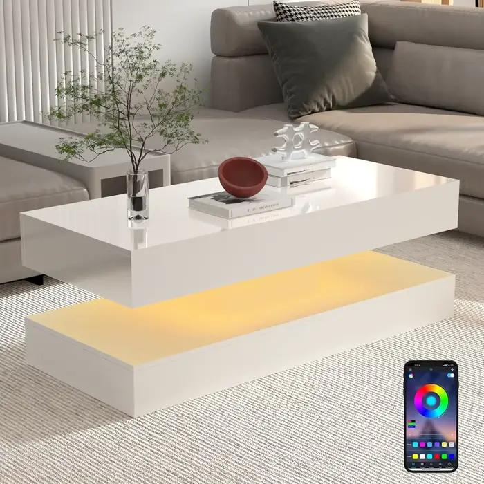 Table basse LED à haute brillance, table centrale moderne avec 2 rangements à proximité, 47,3 pouces