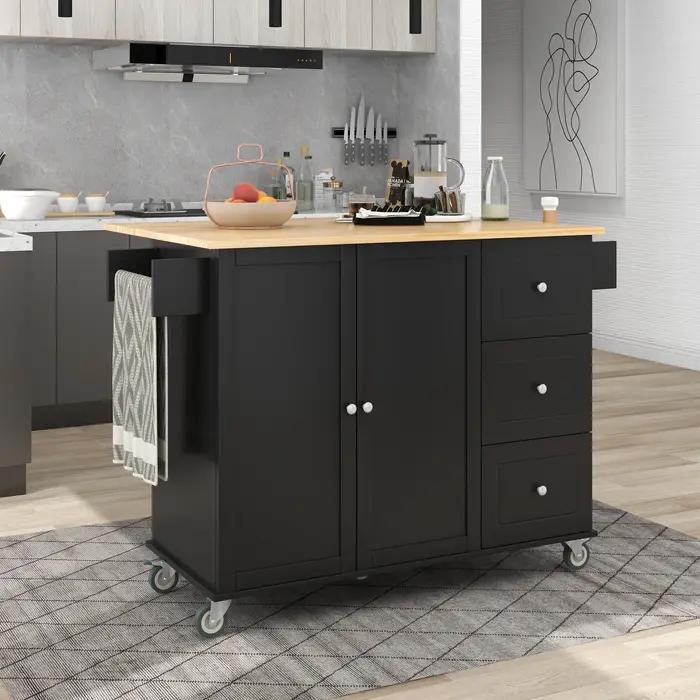 Îlot de cuisine mobile roulant avec plateau en bois massif et roues de verrouillage, armoire de rang