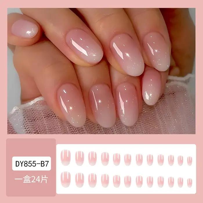 Faux ongles courts ovales dégradés rose pour femmes et filles, finition brillante, couverture complè