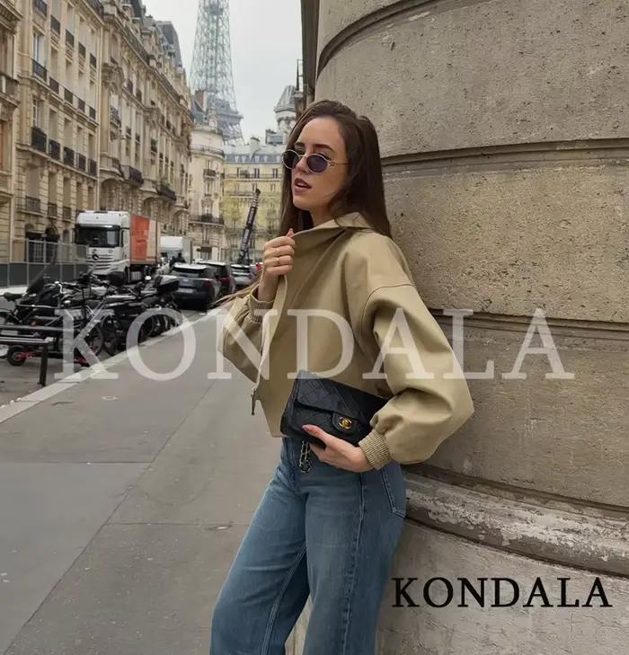 KONDALA Veste Courte Femme Urbaine Chic et Décontractée avec Ceinture, Style High Street, Élégante e