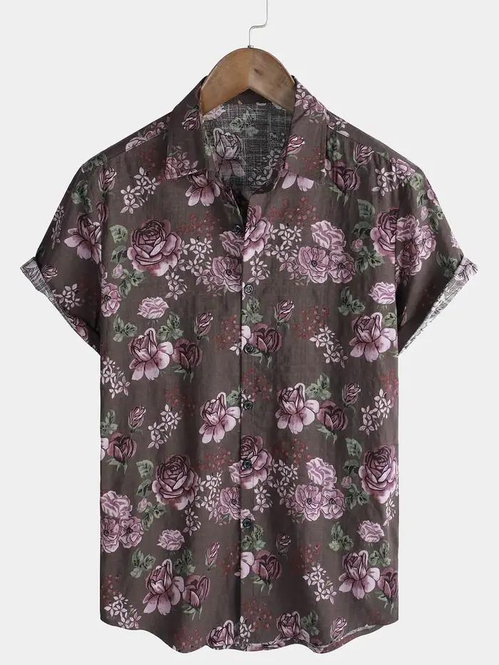 Chemise à manches courtes à imprimé floral rétro pour hommes chemise décontractée à revers simple bo
