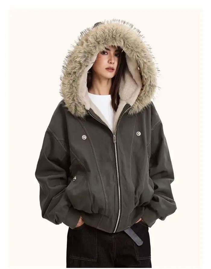 ZAROY col de fourrure Parkas à capuche Y2k Harajuku épaissir vestes rembourrées décontracté fermetur