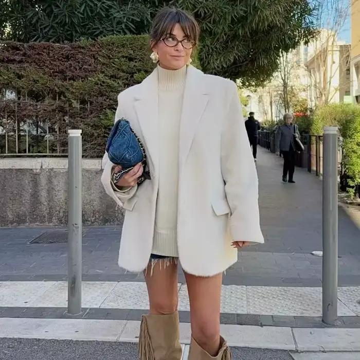 HXAO 2025 femmes Blazer fausse fourrure manteaux vêtements d'extérieur femme printemps vestes blanc