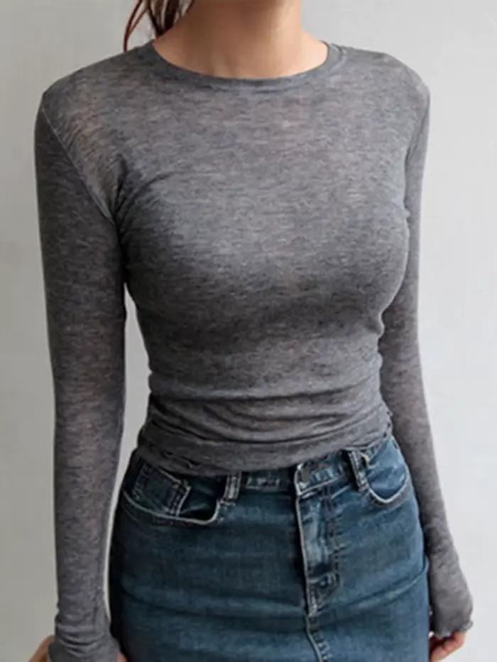 T-shirt uni à manches longues pour femmes, de haute qualité, élastique, basique, décontracté, Sexy,