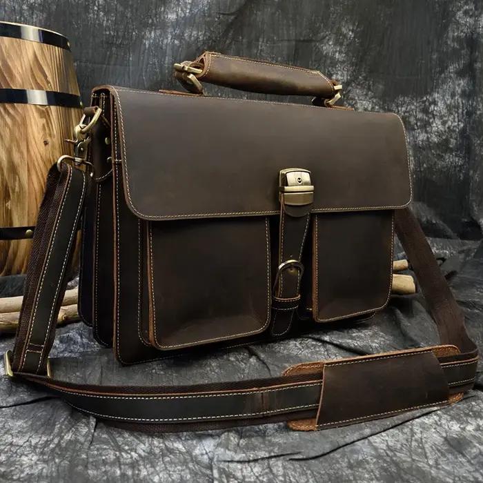 Sac d'ordinateur en cuir de vachette véritable pour homme, sac pour ordinateur portable, étui à bomb