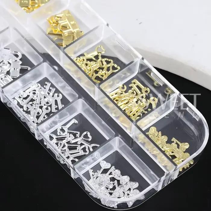 Clé de verrouillage en métal or argent, 12 grilles, pièces de décoration d'ongles, breloques en form