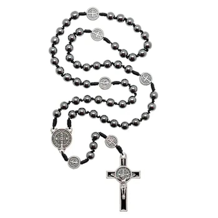 Chapelet catholique, ornement de voiture, perle d'hématite noire, médaille de Saint benoît, croix de