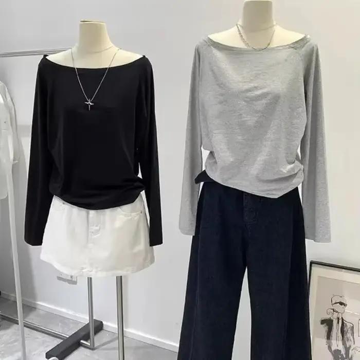 Chemise asymétrique épaule dénudée en coton, manches longues, épaules inclinées, Style de vêtements