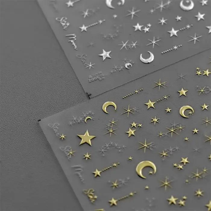 Autocollants pour ongles bronzants coréens 5D, 1 pièce, or japonais, argent, étoile, lune, luxe, déc
