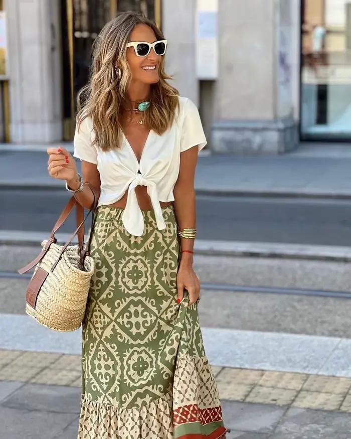 Jupe évasée imprimée à taille élastique pour femme, jupe midi bohème à empiècements, idéale pour la
