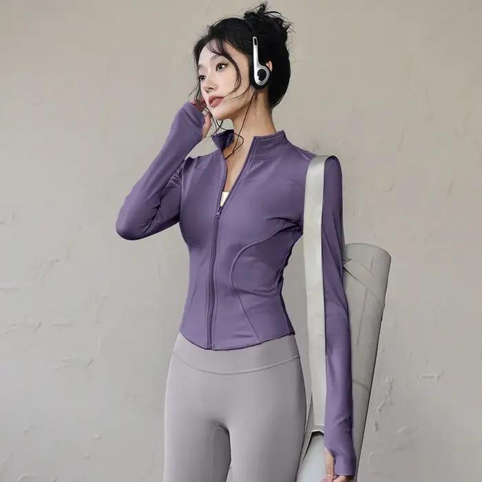 Veste de sport à manches longues pour femmes, chemise de Yoga, Fitness, fermeture éclair, haut de sp