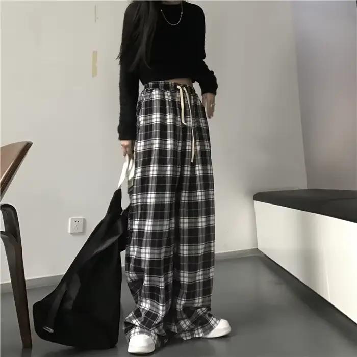 Pantalon de Survêtement Surdimensionné à Carreaux Noirs pour Femme, Baggy Décontracté, Taille artifi