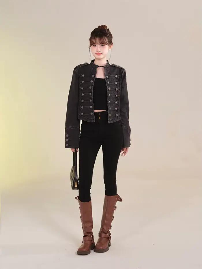 Veste courte en Denim rétro américain pour femmes, manteau de moto décontracté à manches longues et