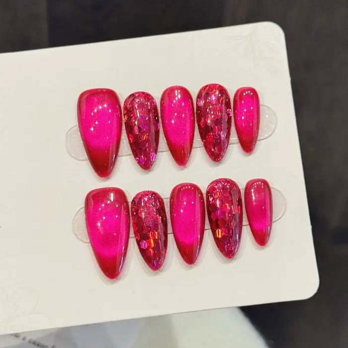 10 pièces Rose rouge oeil de chat presse sur ongles solide Pitaya couleur amande à la main faux ongl