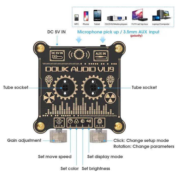 Douk Audio-Sonomètre à tube Pixie VU9, Rétro, Nixie, Musique, Analyseur, Lampe avec MIC 514 et plus