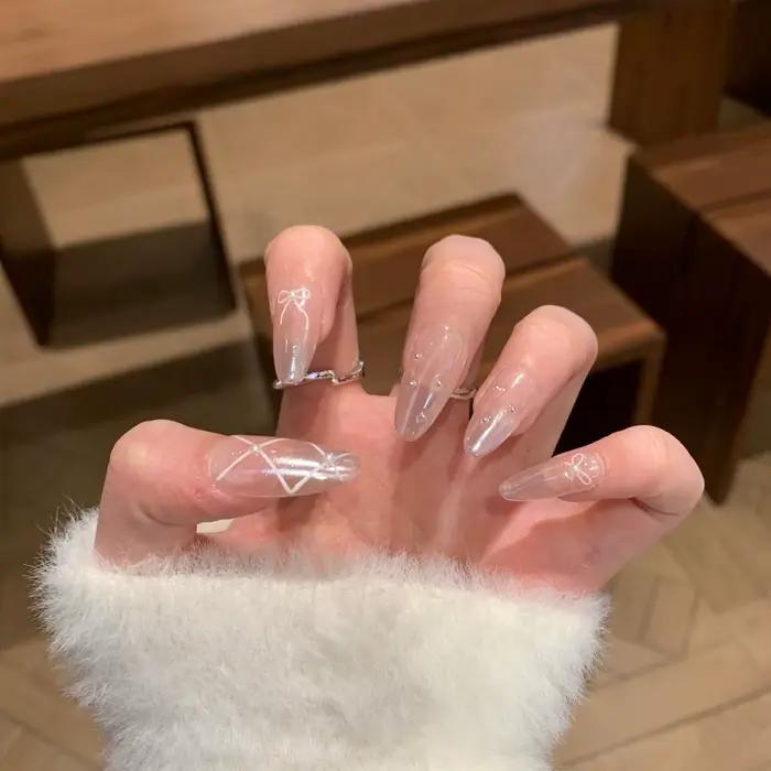 10 pièces violet oeil de chat fait à la main faux ongles conseils paillettes mi-longue ovale presse