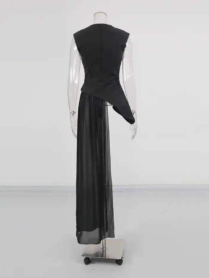 TWOTWINSTYLE solide minceur épissé plis Blouses irrégulières pour les femmes col rond sans manches taille haute longue B