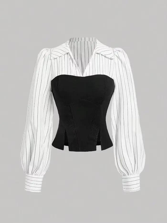 Chemise à revers épissé rayé pour femmes, tenue de bureau élégante, Style Business décontracté