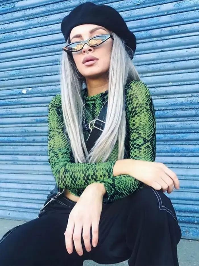 Décontracté vert serpent imprimé T-shirt femmes haut en maille à manches longues Transparent peau de