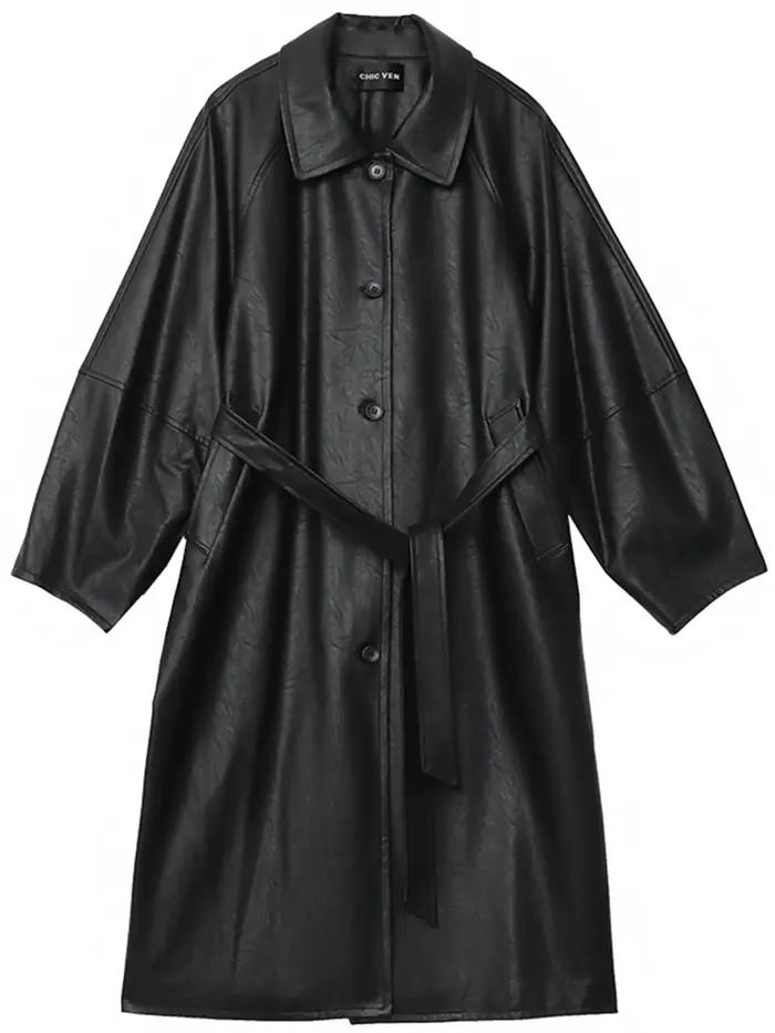 Manteau long en PU pour femme CHIC VEN, nouveau modèle décontracté avec ceinture, en similicuir, cou