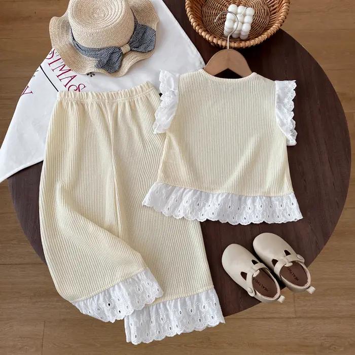 Ensembles de vêtements pour filles, été, dentelle unie, gilet en dentelle tricotée + pantalon large,