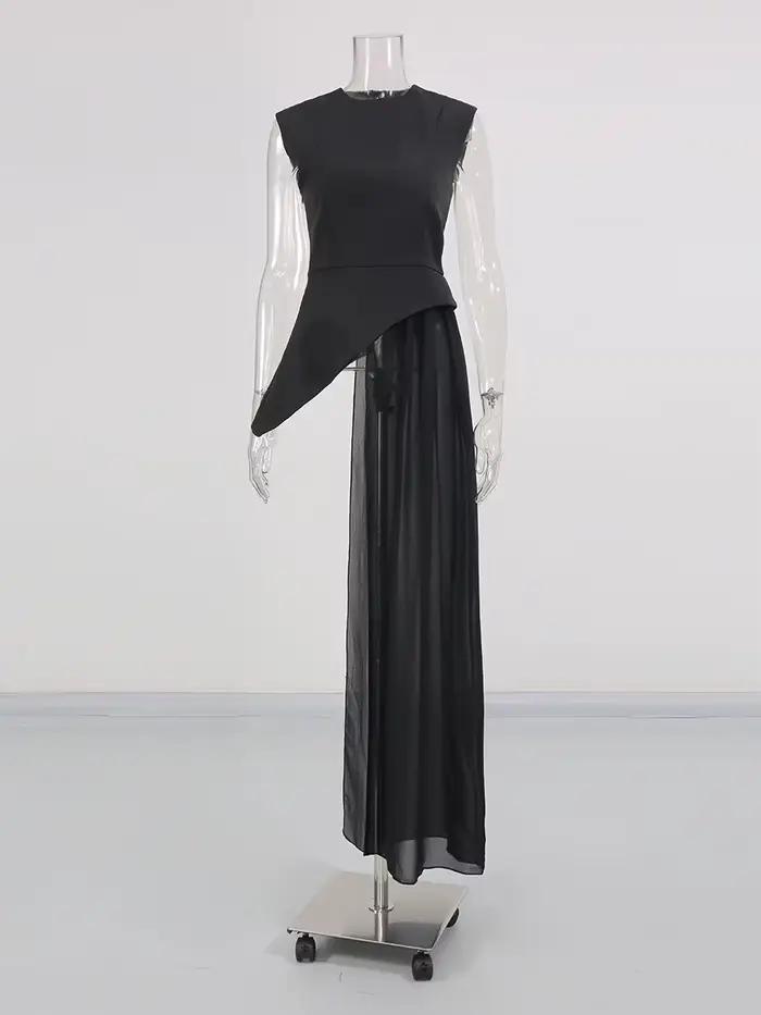 TWOTWINSTYLE solide minceur épissé plis Blouses irrégulières pour les femmes col rond sans manches taille haute longue B