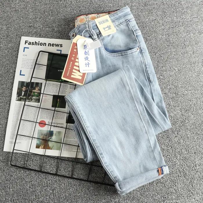 Jean bleu clair délavé rétro pour hommes, pieds slim, pantalon américain polyvalent à neuf points po