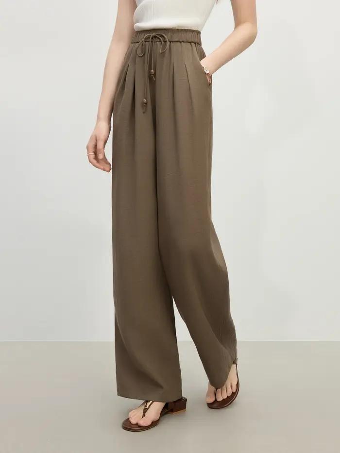 FSLE minimalisme Style lin droit élastique taille haute pantalons décontractés pour les femmes été 2
