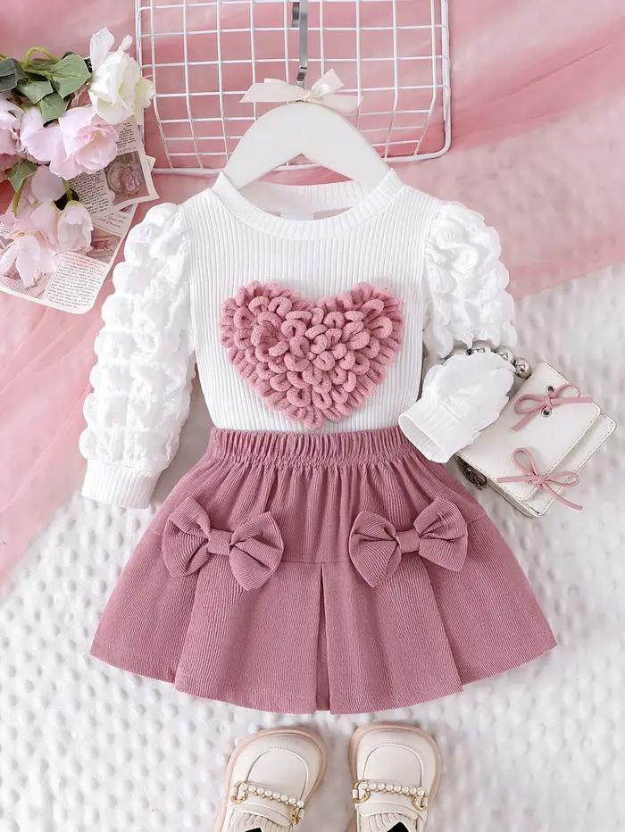 Ensemble 2 pièces d'hiver pour filles de 0 à 3 ans, manches à bulles confortables, douces et mignonn