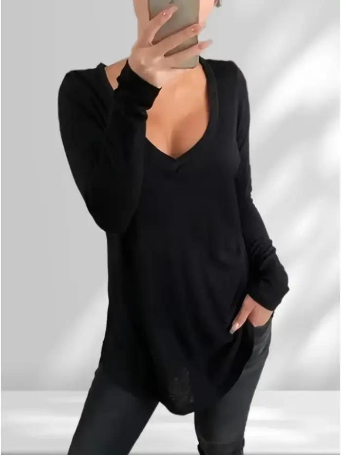 Tshirt Uni Col en V pour Femmes Grandes Tailles Mode Simple Manches Longues Activités Physiques Occasions Spéciales
