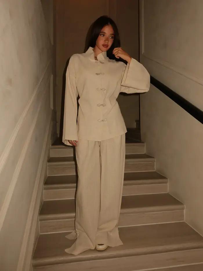 Ensemble pantalon long femme style chinois chic avec boutons grenouille, manteau à col montant simpl