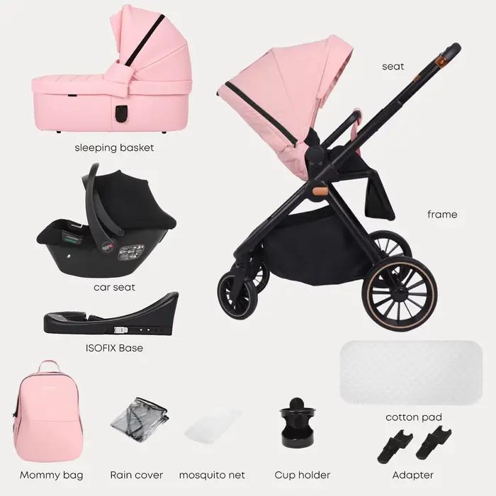 Poussette multifonctionnelle rose pour bébé, système de voyage, cadre léger pliable gris avec siège