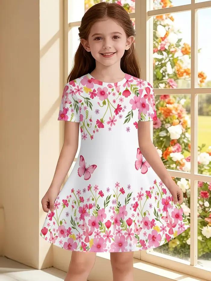 Robes pour filles, robe à manches courtes avec imprimé floral coloré, robe de princesse pour vacance