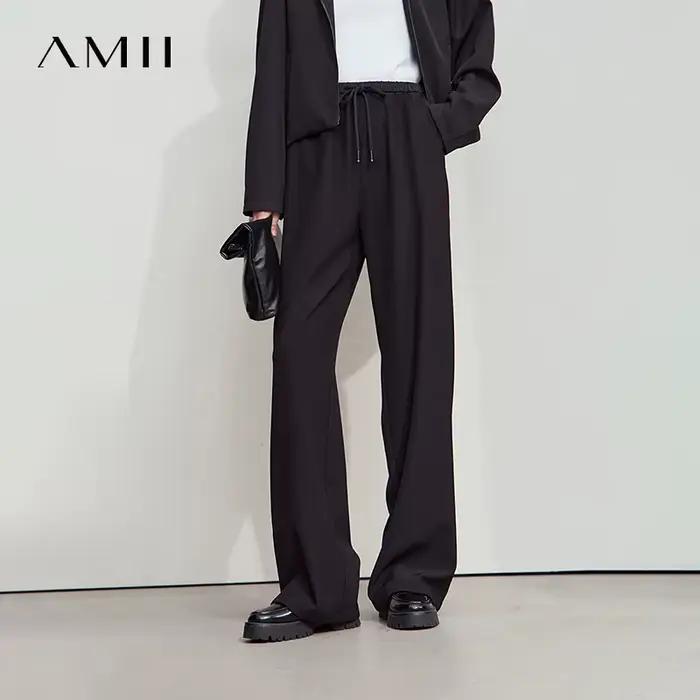 AMII 2025 automne femmes pantalon ample décontracté à lacets élastique jambe large pantalon droit so