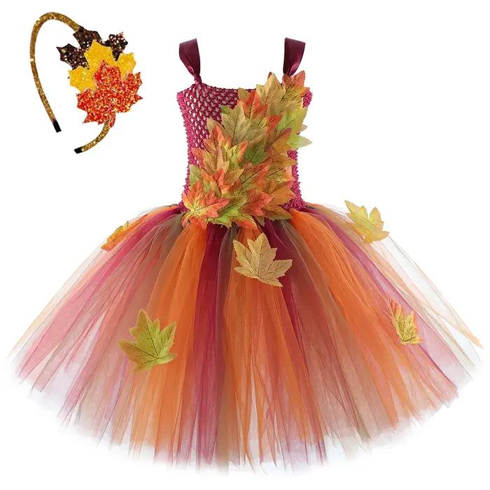Costumes de fée feuilles d'érable d'automne pour filles, robes de princesse elfe de forêt avec ailes
