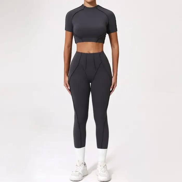 Combinaison yoga fitness femme - Haut manches courtes moulant pantalon levage hanches ensemble sport