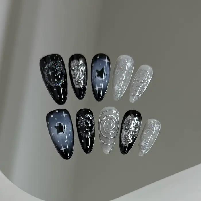 Faux ongles à pression faits à la main Y2k, ciel étoilé, amande, détachables, portables, doux et fra
