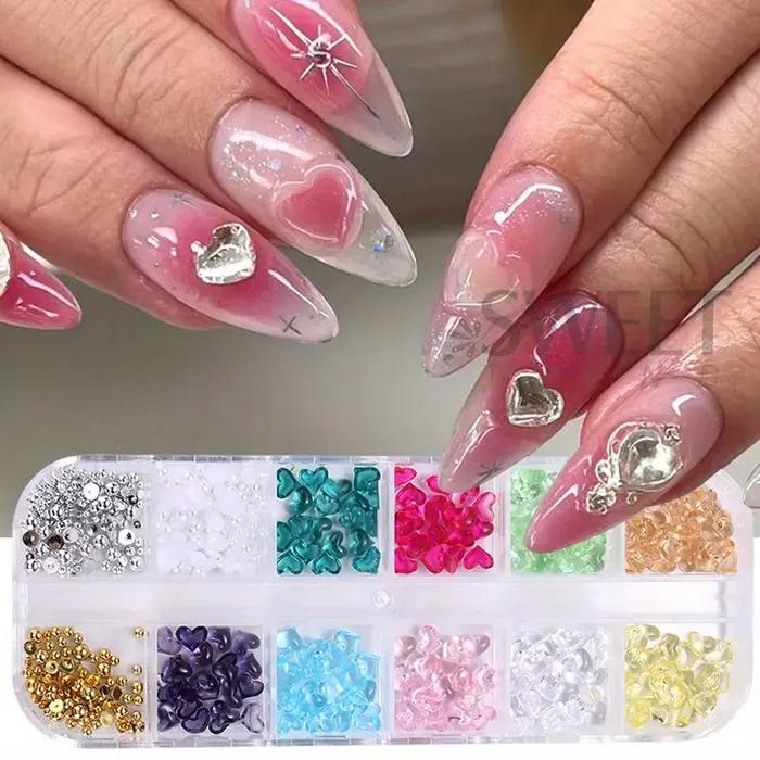 12 grilles en forme de cœur pour Nail Art, breloques transparentes en forme de cœur d'amour, bijoux
