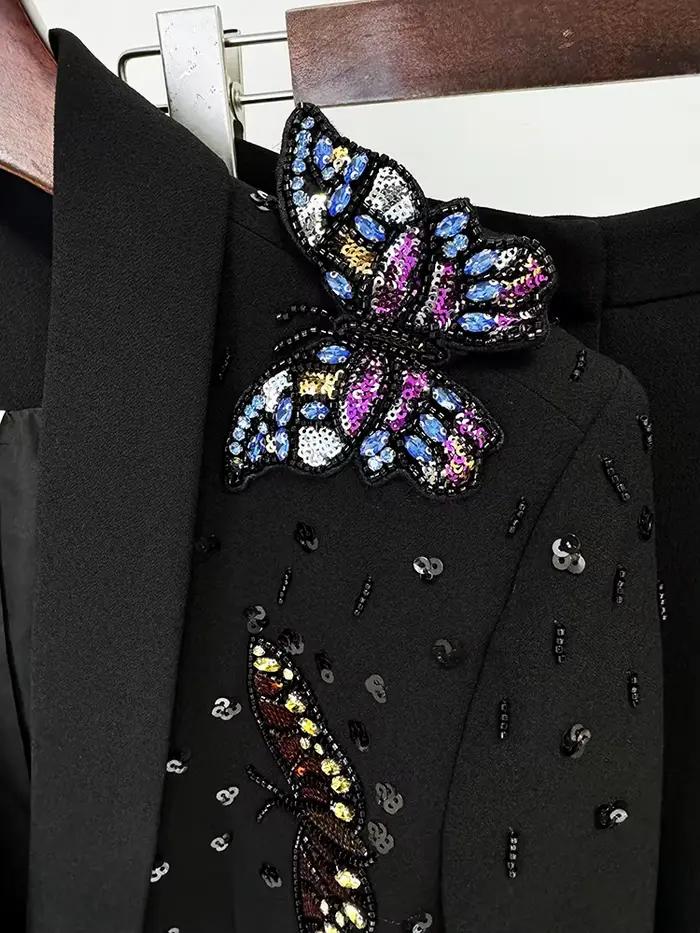 Blazer perlé papillon 3D pour femme, ensemble pantalon large, nouvelle mode, designer, piste trempée