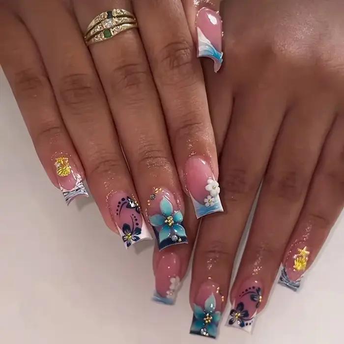 24 pièces Simple blanc français faux ongles Art mignon fleur conception