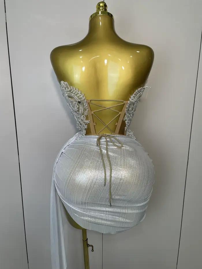 Robe courte sans bretelles à paillettes argentées scintillantes, ensemble de 2 pièces pour femmes, f